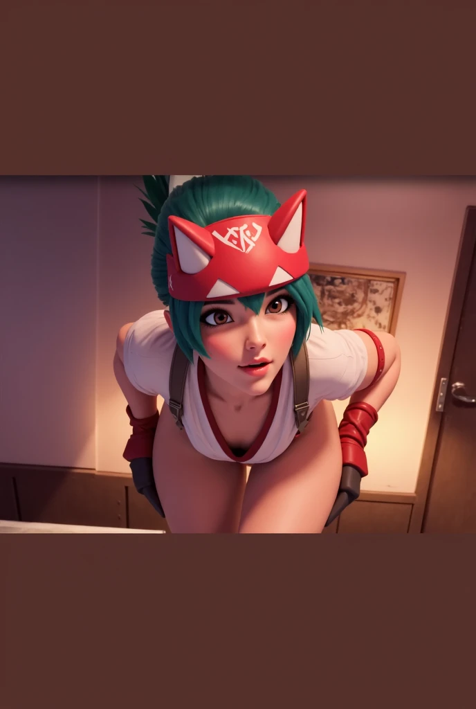 realistic, realism, photorealism, photo-realistic, high contrast, (photorealistic:1.4), 8k high definition detailed realistic, (best quality, masterpiece:1.2), NSFW, photon mapping, radiosity, physically-based rendering, best quality, highly detailed, 1girl, pat pussy, cameltoe, (owkiriko), kiriko \(overwatch\), green hair:0.7, red fox helmet, red sneakers, squatting, spread legs, crop top, inside, blushing, underwear, sexy, pussy_outline