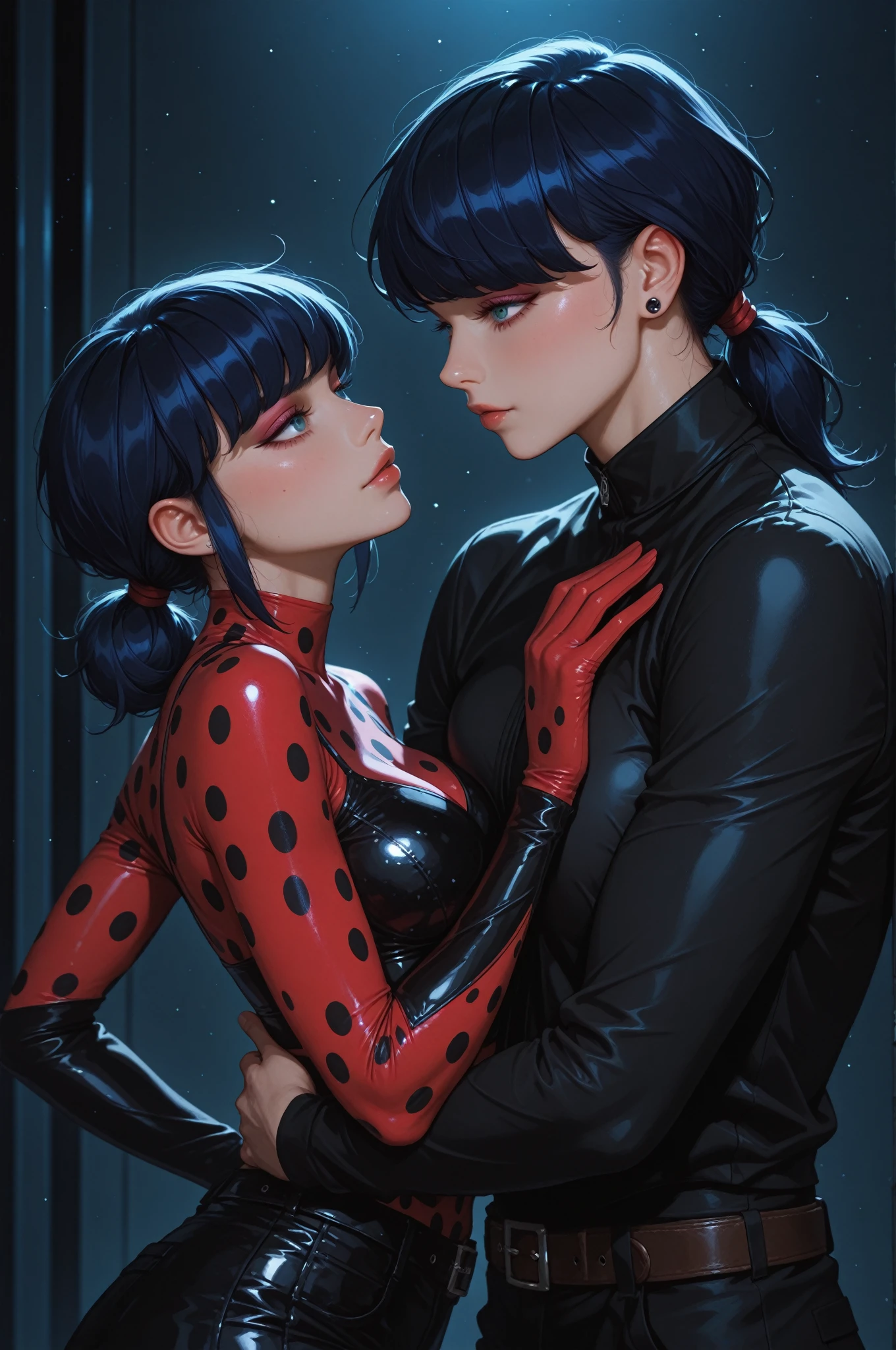 Two girl are arguing with anger,loudly voice, one girl has long black hair, another girl has pink short hair,  side view, photorealistic cute gymnasts, beautiful faces, European faces like a doll, heavily make-up faces, open mouth with brutal rage, cold eyes with heavy dark eyeshadow, dark bloody-red lip with canger, grinding in frustration, upper body portraits above the knees, wearing long sleeve latex leotards,tight-fitting and extra shiny black leotards, wearing fishnet bodysuits, wearing red belts