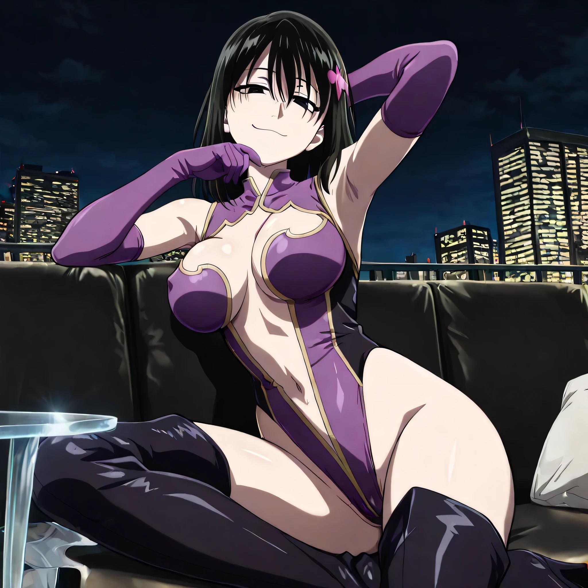 Suko Kusanagi, Purple colored hair, red eyes,Black bodysuit,anime style beautiful woman, lie on bed, (tmasterpiece, Best quality:1.2), cow boy shooting, Alone, 1 busty girl, Highest resolution,distinct_Image of a)Best quality, maam, tmasterpiece, The is very detailed, Semi-realistic, exposing her breasts, Inside the room, Modern bedroom, window, Get up, Morning, The face is red,Seductive action,Seductive expressions