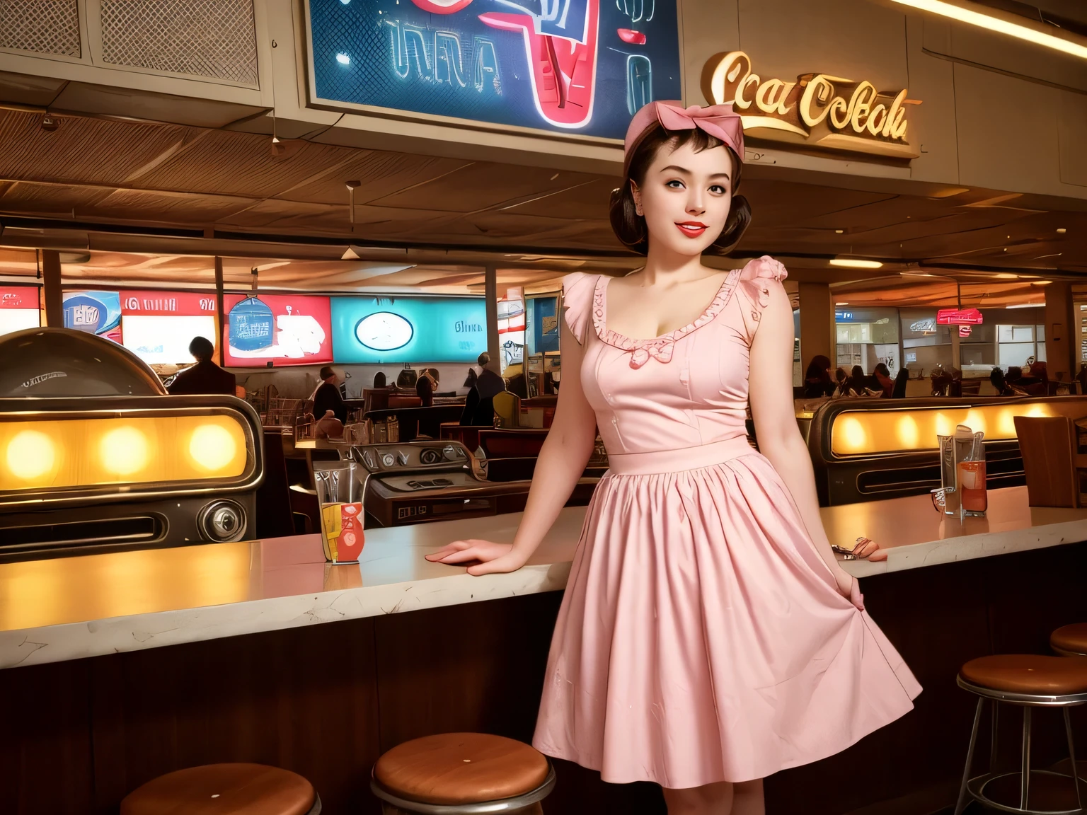 photo brunette pinup holding giant birthday cake pinup beautiful smile beautiful cafe retro bright light colors pastel  with polka dots posing in pinup style 