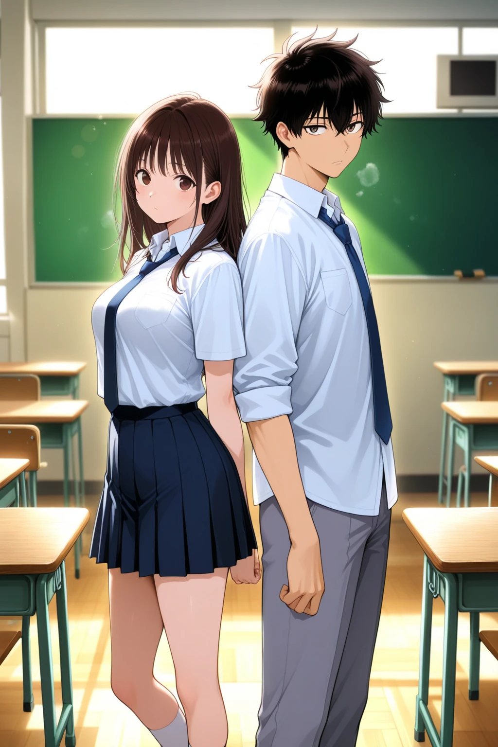 (男女の一組のカップル),(masterpiece,Best Quality,Detailed beautiful face and eyes,Perfect Anatomy,beautiful illustrations),cowboy shot,((1man and 1woman,男女カップルが抱き合う:1.5))  BREAK    (女は20歳の美女、brown hair、long hair ,blunt bangs,brown eyes,smile,shy look、perfect proportion,slender body,skinny,medium breasts,gleaming skin,oliy skin,shiny skin,standing,School uniform、collared shirt、white shirt、short sleeve、navy blue tie、Dark blue skirt、pleated mini skirt,Black High Socks)   BREAK  (男は25歳、男は黒髪で短髪、優男、鋭い目、白色の襟シャツ、半袖、黒色のスラックスパンツ),   BREAK  daytime、sunlight、classroom、school building、Schools in Japan、