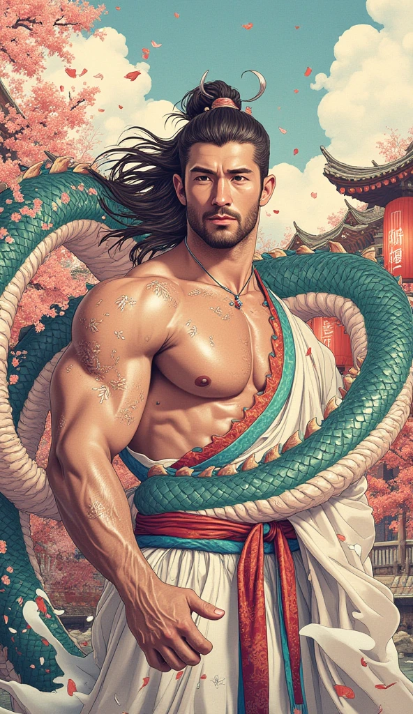 Lean man holding a snake in a majestic pose in a hanfu god full body anime style