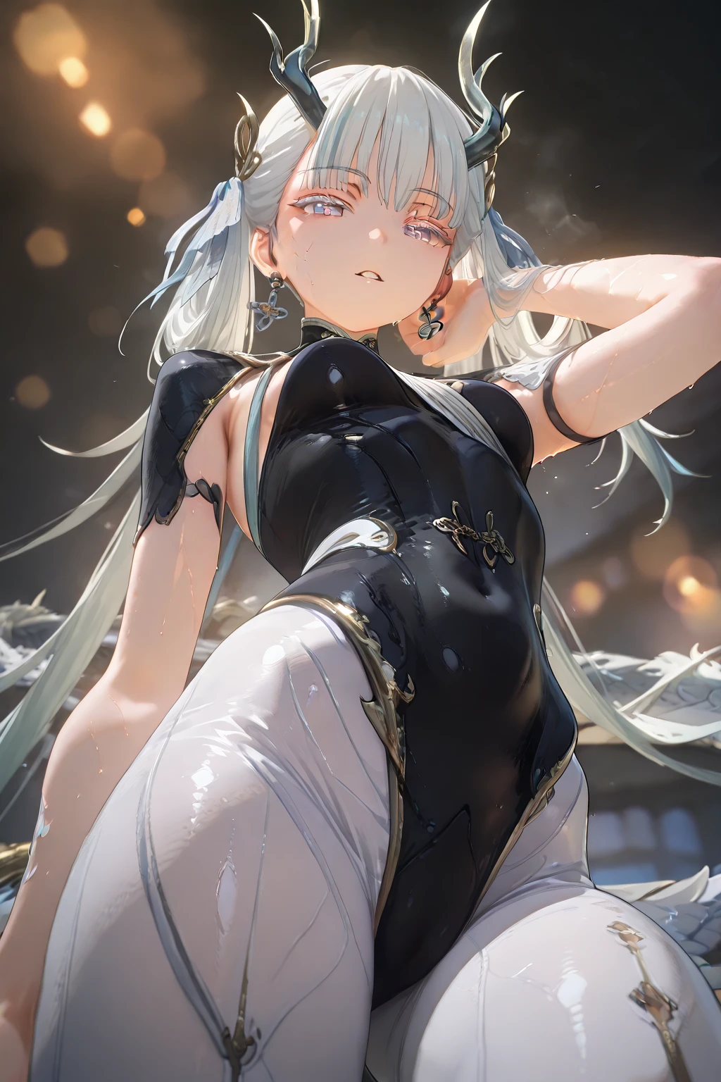 a beauty girl　Black tights　Very sexual　childish　white  hair