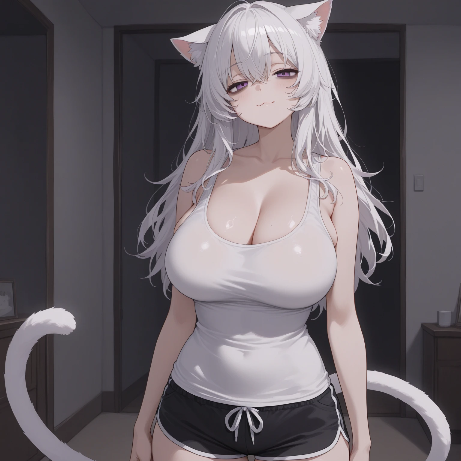((exceptional quality)), ((masterpiece)), (detailed), perfect face, perfect eyes, white hair, white cat ears, white cat tail, ????????????????, thick thighs, red eyes, smirking, lace lingerie top, riding a ????