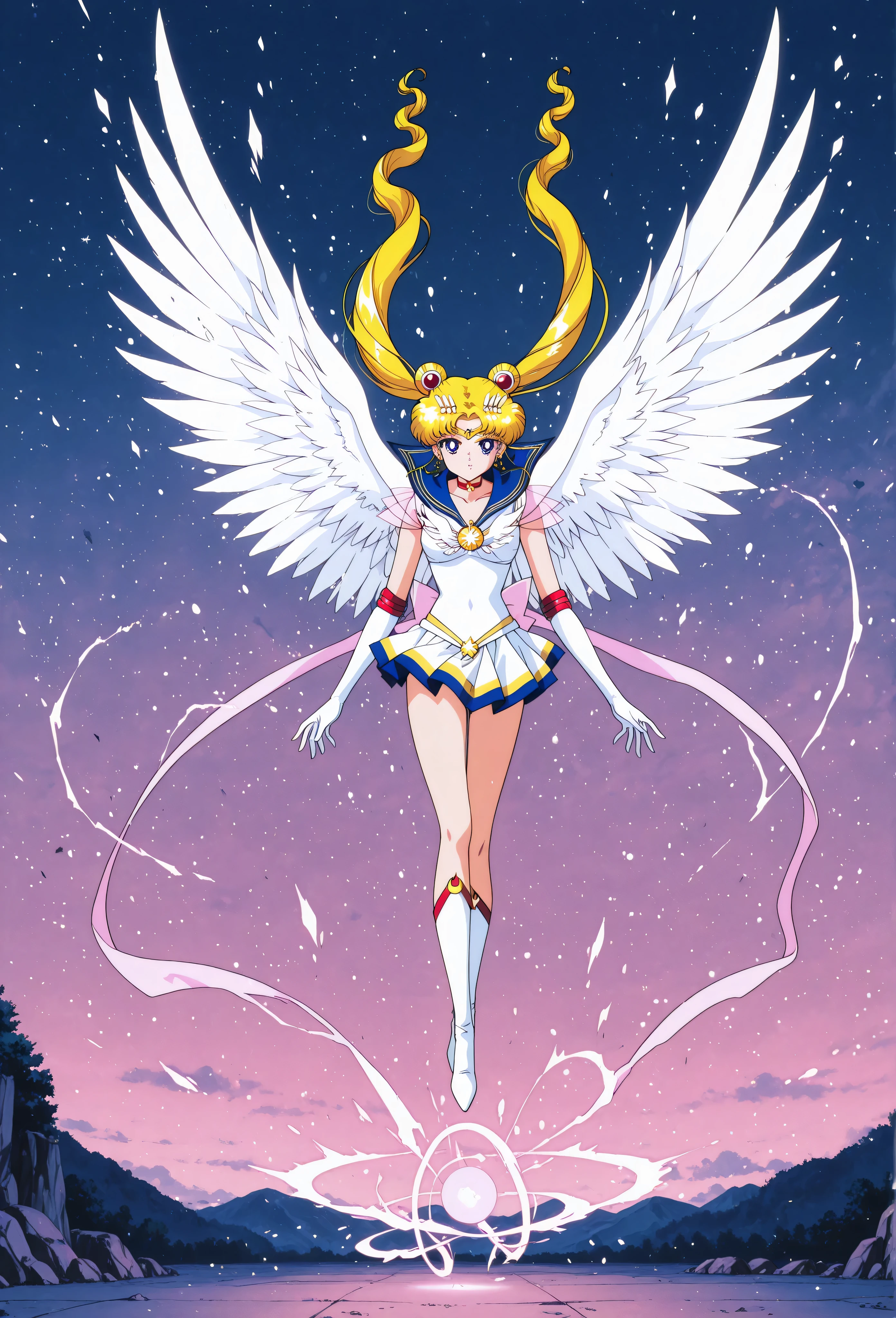 masterpiece, very aesthetic, absurdres, ultra detailed, official style,  outdoors, anime screencap, dynamic pose, Eternal Sailor Moon, magic, floating, wingsâââ