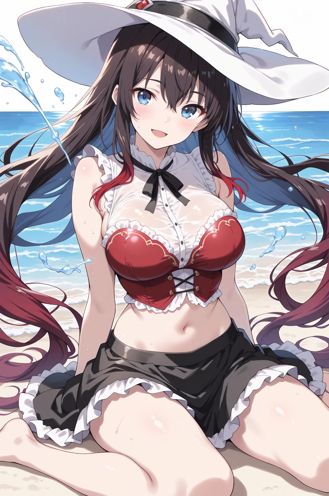 1girl in、25-years old、large boob、I can see the lower breasts、full body Esbian、A dark-haired、hotpants、pantiy、Beach、A slight smil、