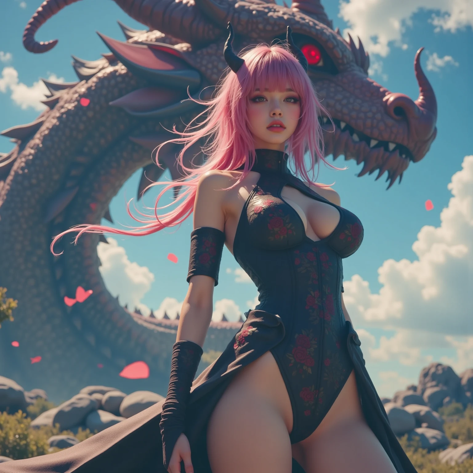 A very sexually beautiful girl sits on the ground, behind a huge dragon with wings flies in the air.