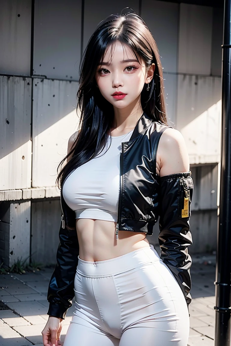 <lora:silver_wolf-ani1.5v1:1> silver wolf, 1girl, solo, crop top, navel, shorts, stomach, looking at viewer, jacket, choker, black jacket, black shorts, gloves, shirt,
