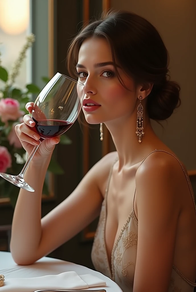 (close-up:1.2),(beautiful woman),dinner table night,(soft light:0.8),(elegant:1.1),(chateau decoration),(silk dress),(glass of red wine), on the street