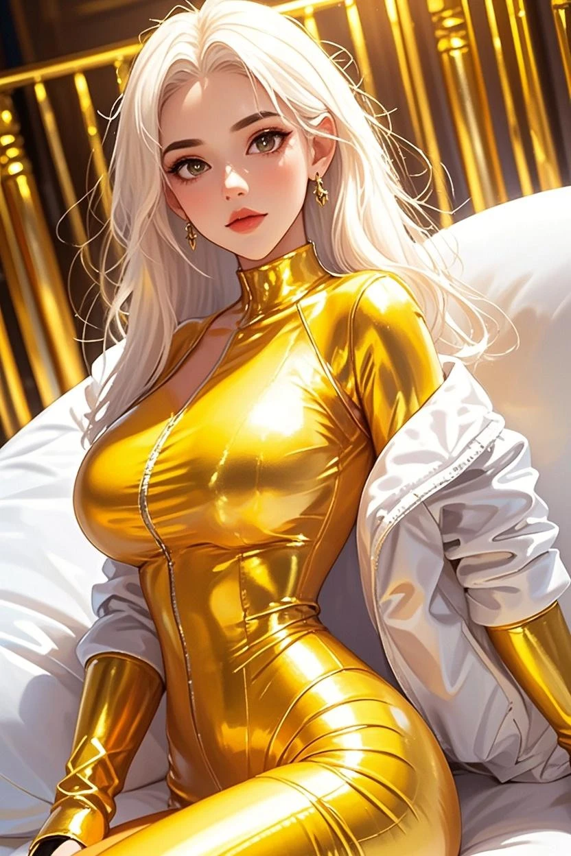 punctuation_9, punctuation_8_High above, punctuation_7_High above, break, punctuation_9, 1 girl, yellow hair, yellow eyes, olhos detalhados, makeHigh above, eyelash, long hair, breastsout, looking ahead at viewer, lips, alpha_custom, collant full white, skintight full white, sleeveless, in a tidy room with a white bed, lying on her bed, full body