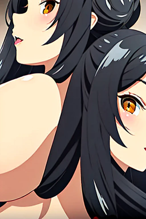 Girl, moaning, spreading her legs, showing her wet pussy, naked, cumming, orgasm, big chest, thick thighs, panting, creampie, blushing, rubbing vagina, breathing heavily, big  and thighs, view from below, laying down,, nsfw, eyes halfway closed, high detailed pussy, oiled, with ponytail hairstyle