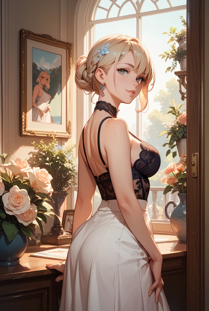 (masterpiece, best quality:1.2), solo, Android 18 from Dragon Ball, collarbone, cleavage, ((slip-on one-shoulder crop top)), (light gray top:1.2), no jacket, midriff-baring, navel, ((white baggy pants)), (thong underwear), strings of thong underwear slightly visible, small breasts, short blonde hair loose, ((blue eyes)), ((wearing glasses)), earrings on earlobes, slender feminine figure, narrow waistline, skinny body, (plane black cap), (cap without logo), sunlight, shot from behind, looking back, back view, light blush, arms behind back, walking outside, Palace of Versailles, the gardens, Paris, manicured parterres, geometric hedges, tree-lined paths, vibrant gardens, Baroque grandeur and opulence, natural lighting and shadows, the ornate fountains, blur background, 4K