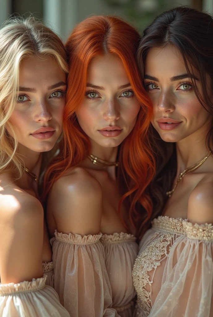 Three girls: the first one, brunette, has straight long hair, green eyes and a smile. The second one is a blonde, she has wavy long hair and hairbang, she is serious and have blue eyes. The tird one is a redhead, she has freckles and grey eyes. She is angry. Photography