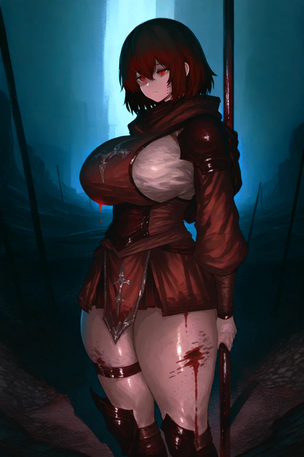 Dsorceress, redhair, shadowy face,dark and eerie torture chamber with whips and racks and chains, fire, hood, shadowed face, no bra, topless, slim and athletic body, bottomless, no panty, elbow gloves, dark skin, 1 girl (insanely detailed, masterpiece, best quality), metal collar with chain leash, arms behind back, whip marks