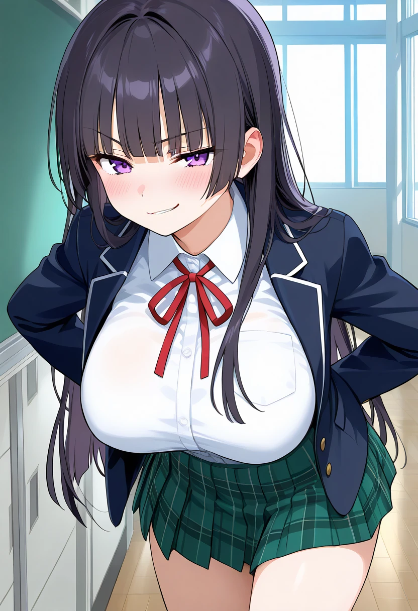 masterpiece, best quality, 1girl, solo, cowboy shot, <lora:yano:0.7>, yano, school uniform, long sleeves, puffy sleeves, gigantic breasts, red neckerchief, green shirt, long skirt, black skirt, smile, blush, looking at viewer, arms down, hands on lap,