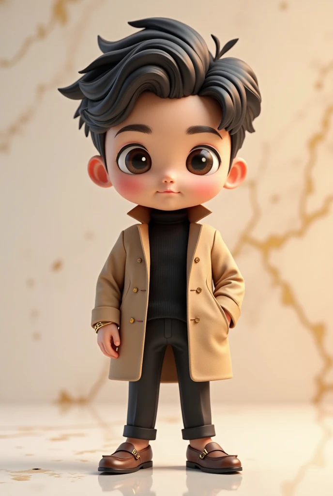 A boy with brown skin with black curly hair style 3c dressed in a black wide-sleeved shirt and black pants