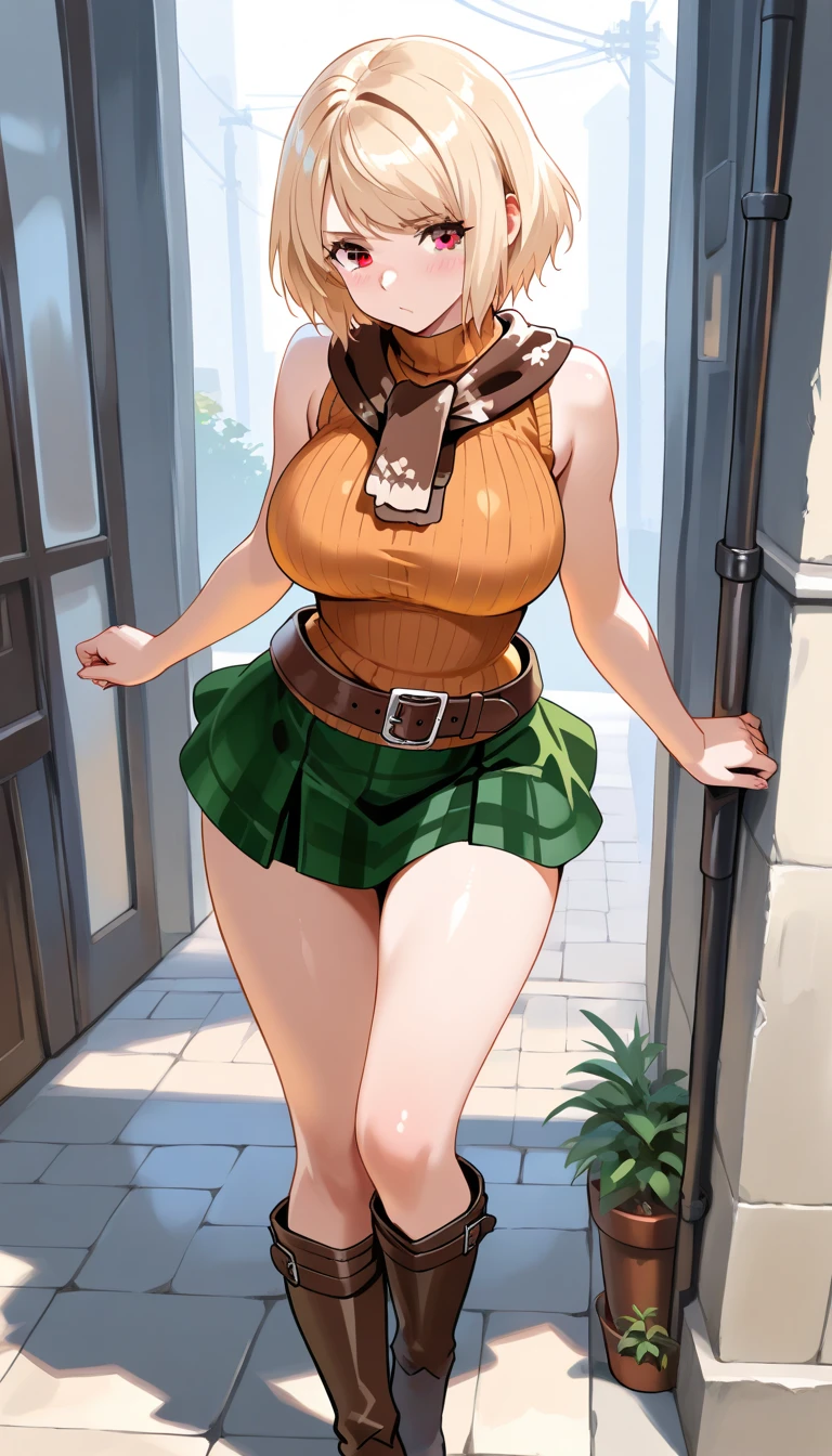 merula, full body, thighs, boots high heels, solo girl, medium tits, military camouflage short pants, belly, nude tits, top strapless