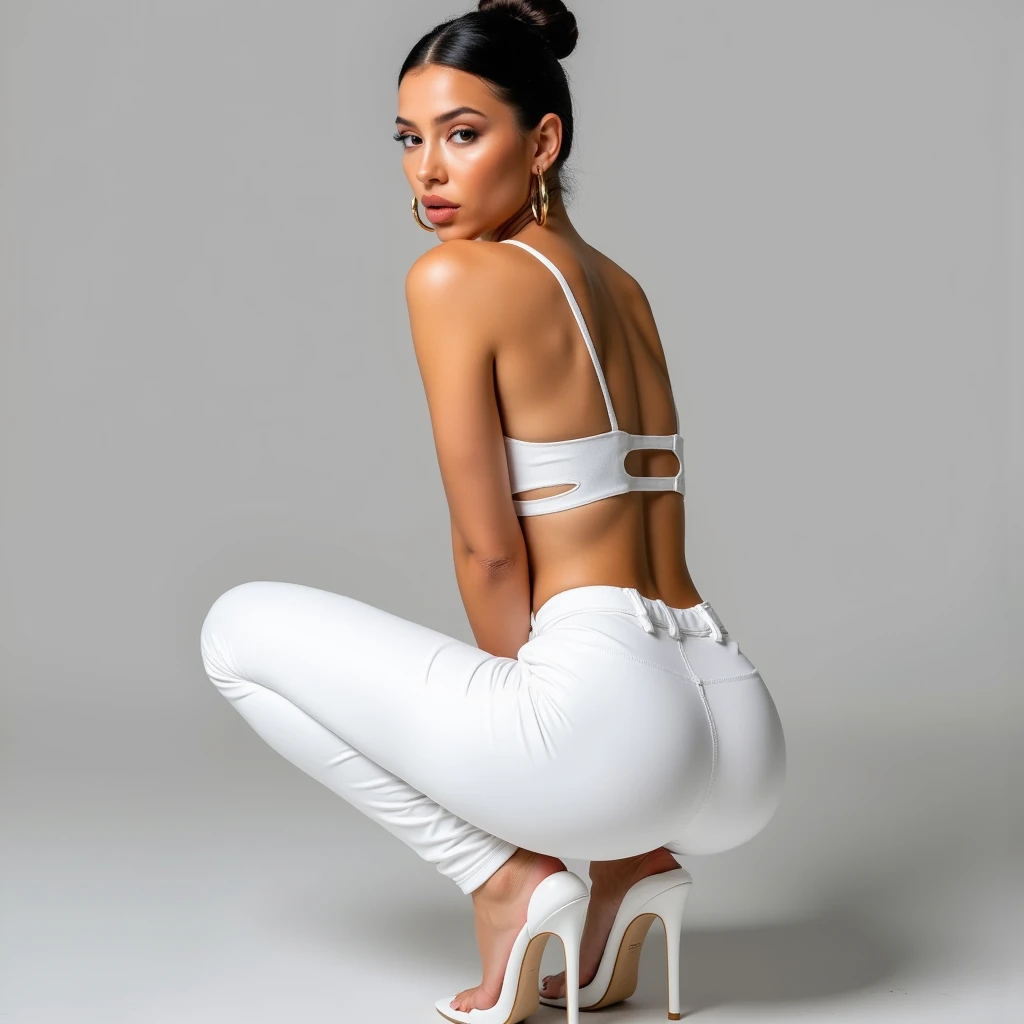  woman squatting in a maxi bodycon dress, top rear view angle 