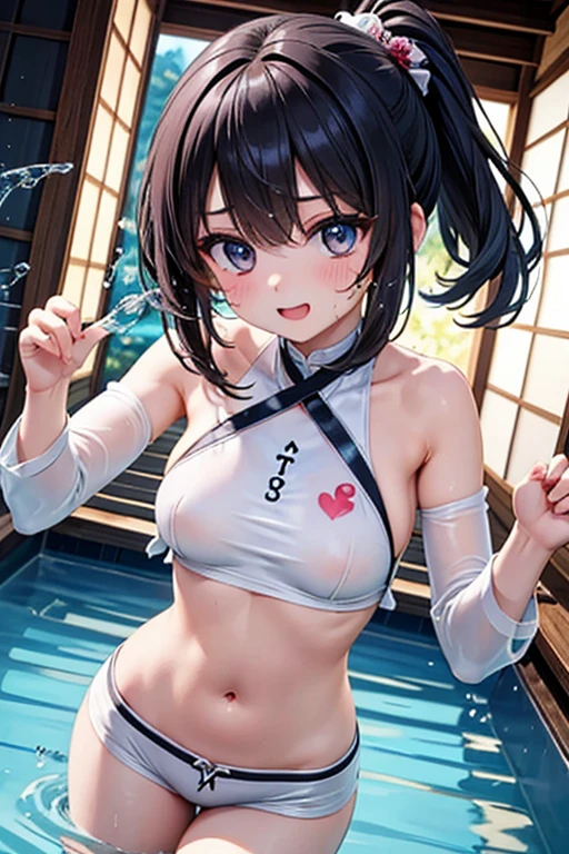 Attractive toned tomboy, smiling anime girl, wearing tight revealing white bikini, posing butt first, rear, thigh gap, catgirl, see through clothing, thigh highs