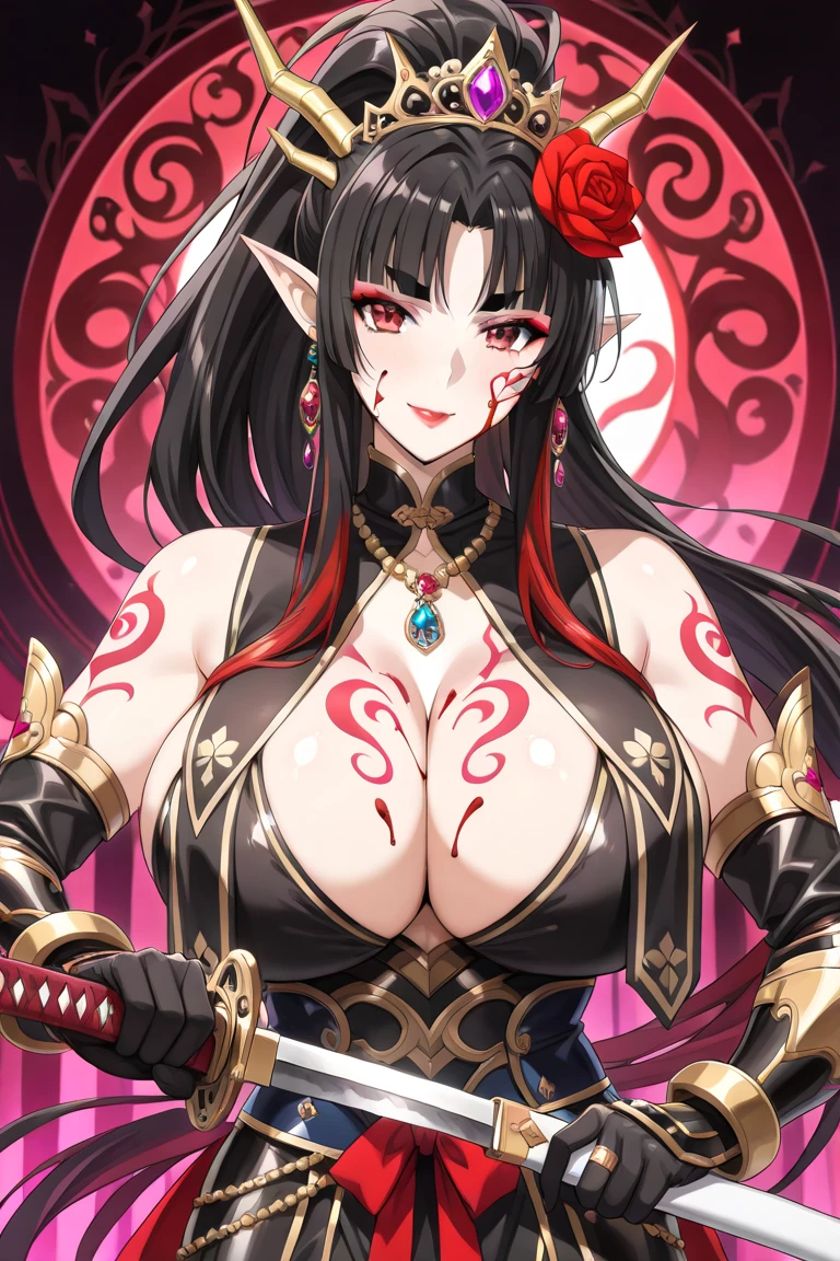 yor briar, anime style beutiful woman, 1girl, happy, smile, red face, closed mouth, beautiful detailed eyes, super detailed skin, backlighting, bare shoulders, black background, black dress, black gloves, black hair, breasts, dress, earrings, fingerless gloves, floating hair, floral print, flower, gloves, gold earrings, gold hairband, hair flower, hair ornament, hairband, holding, holding weapon, jewelry, large breasts, long hair, looking at viewer, off-shoulder dress, off shoulder,red eyes, short hair with long locks, sidelocks, solo, spikes, thighs, two-sided dress, two-sided fabric, weapon, fighting stance , face, close up, from above, highest quality, high resolution.