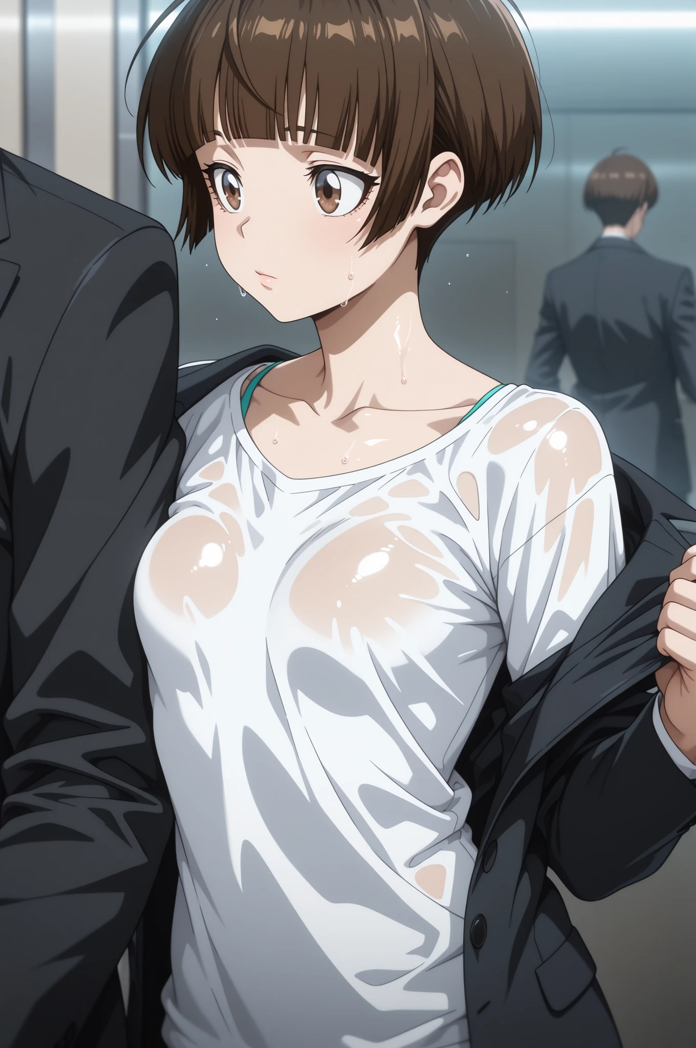 、(masterpiece、Highest quality)、Highest quality, Ultra-high resolution, (((masterpiece))), alone, Sweat、Big eyes, Composition from the front、Shortcuts、Embarrassed face、Bronze colored hair、Cut the back hair short、Bathroom、Shower scene、 Expose、Completely naked、pubic hair、belly button、Large areola、Nipples、short hair