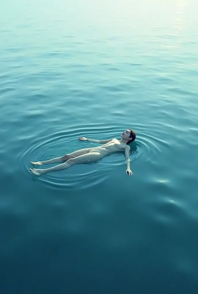There is a man lying on a dock with a dog in the water, floating in a powerful zen state, body in water, inspired by Ren Hang, Lying in a summary, by Jan Rustem, in ren style hang, in a lake, lying down, Ryan McGinley, in a lake, full body photography, dramatic floating pose, Floating in the water