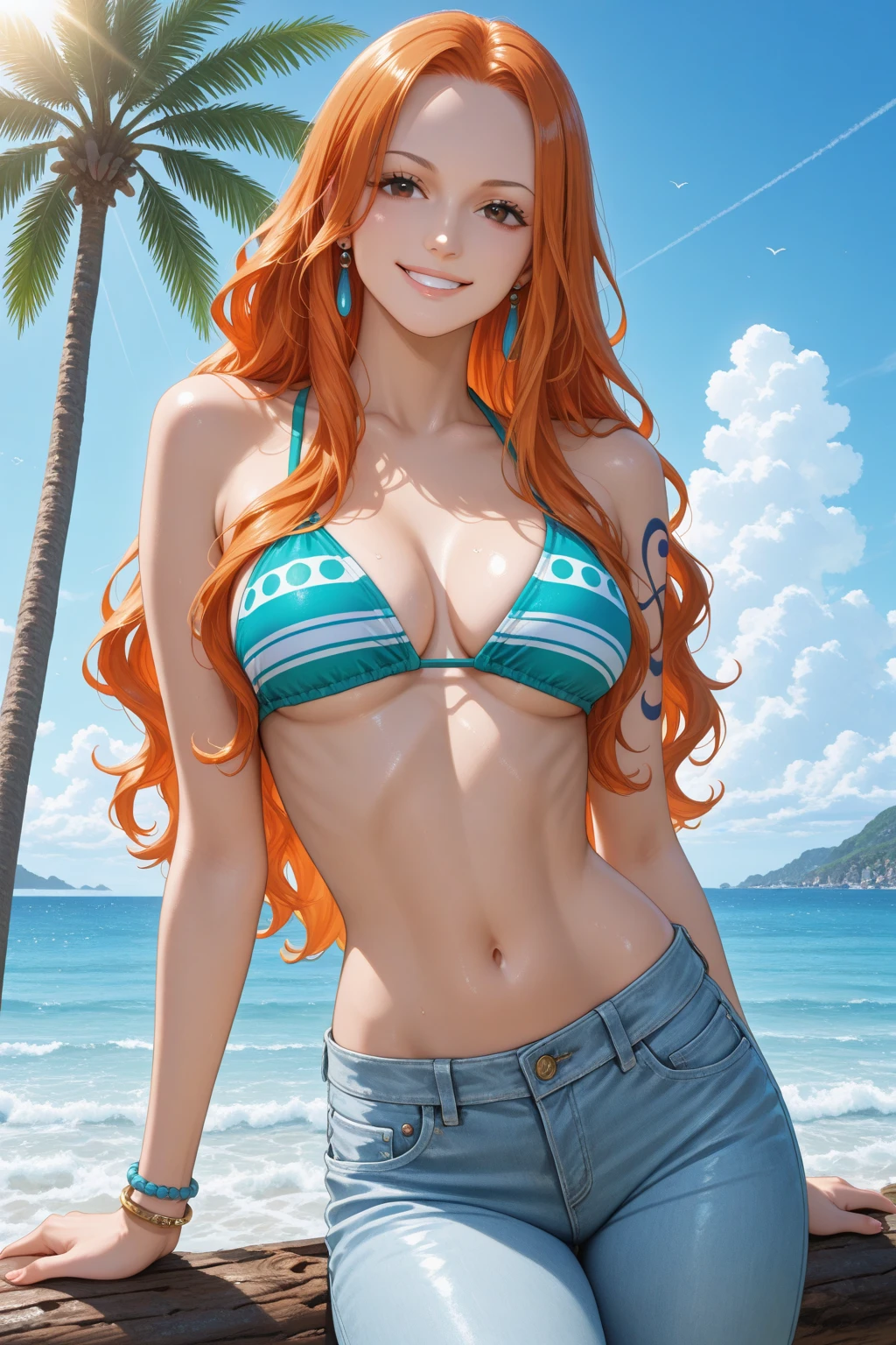 Orange hair, teal bikini, nami, summer, sweaty, horny, orange eyes, light smiling, hot, closed eyes