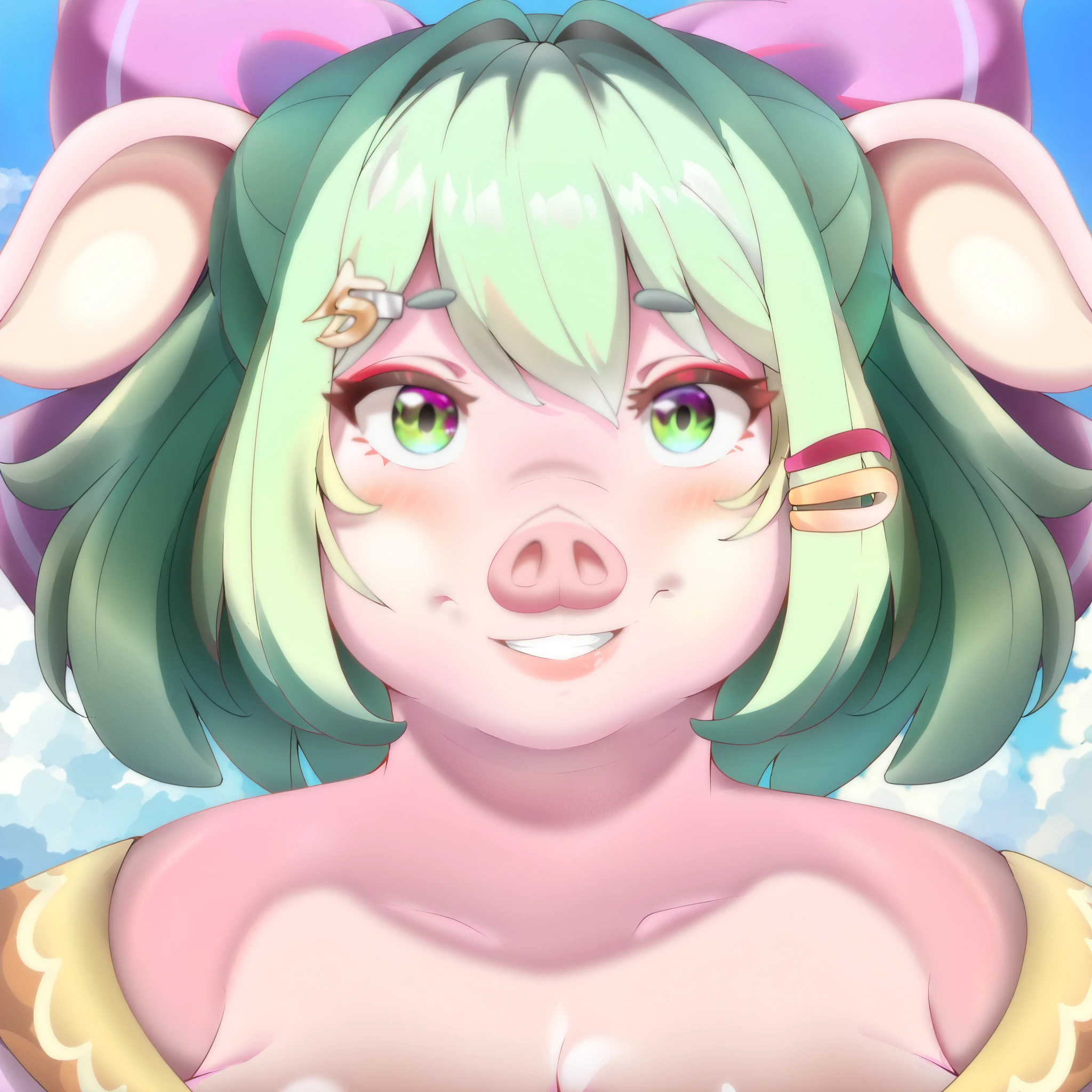 Masterpiece, best quality, high resolution, headshot, close-up, portrait, 1girl, best quality, ultra-detailed, (masterpiece, best quality:1.3), 1female, adult, anime, mature female, smile, age 30-40, curvy, milf, mother, `pig`, `high school pig girl`, solo, short green hair, green eyes, purple bow headdress, hair clips, purple and yellow sailor collar, dorky hair, `pinkish skin`, `cute pig ears`, chubby cheeks, Bow hair, Purple Bow, looking at viewer furry