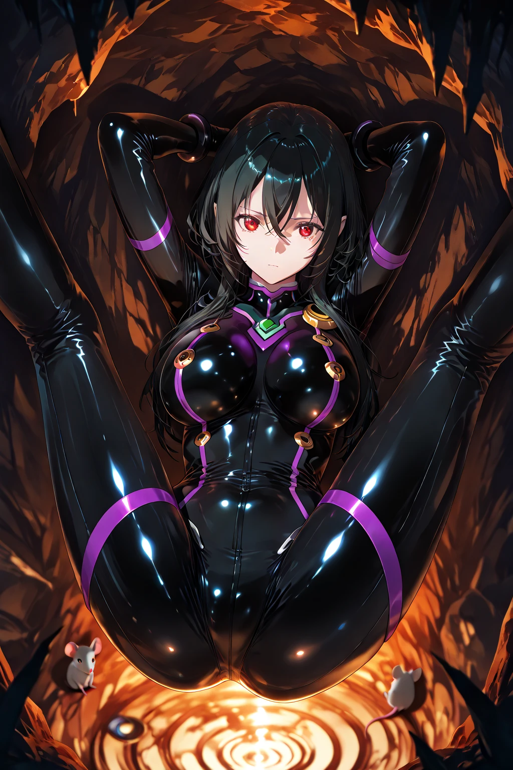 masterpiece, best quality,1girl,solo, scathach \(fate\),purple hair,red eyes, armor,large breasts, shoulder armor, bodysuit,sitting,spread legs,seductive smile,nsfw,hand spread pussy, covered erect nipples