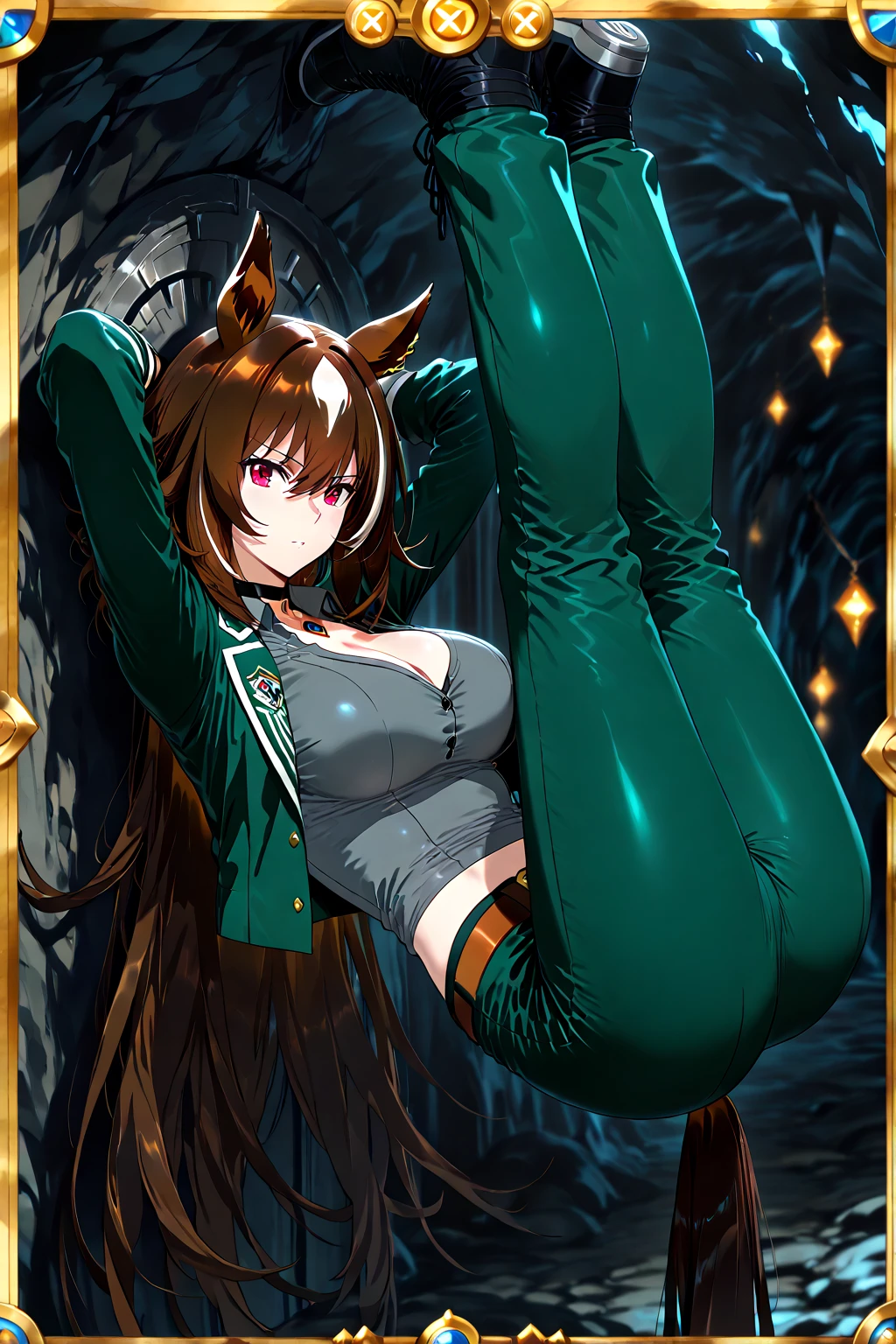 hand drawing, high detail, evil smirk, evil eyes, evil kitsune with tail, seductress in a ??? dungeon, ((brown tail)), ??????? devices, green fire whips, chains, rack, iron maiden, black leather bodysuit, panties, fishnet stockings, garters, brown hair, brown eyes, green ??????? magic