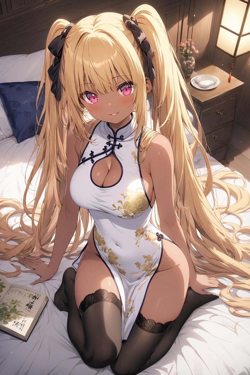 1girl、(((best quality)), ((masterpiece)), (details), masterpiece, best quality, high quality, ulutra detailed, perfect face, ((1girl, blond eyes, tiger ears: 1.3 blond long hair: 2.5,Mole under left eye:2.0))、Shiny Hair、Glowing Skin、Lustful look、China dress、Sitting on a Chinese-style sofa、Stiletto heels、