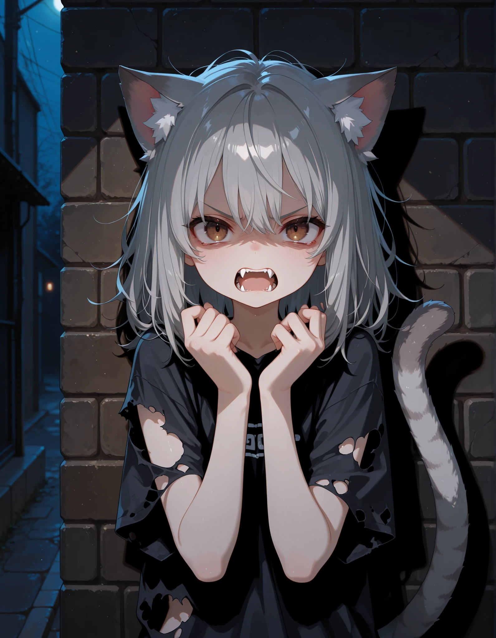 ,, 1girl, petite, (skinny and frail:0.7), cat girl, against wall, stone wall, brown eyes,looking at viewer, grey hair, medium hair, messy hair, angry, (scared:0.4), (open mouth:0.5), fangs, hands up, (tearing up:0.5), tail raised, torn clothes, straight-on, dark, night, outdoors, masterpiece,best quality, amazing quality,