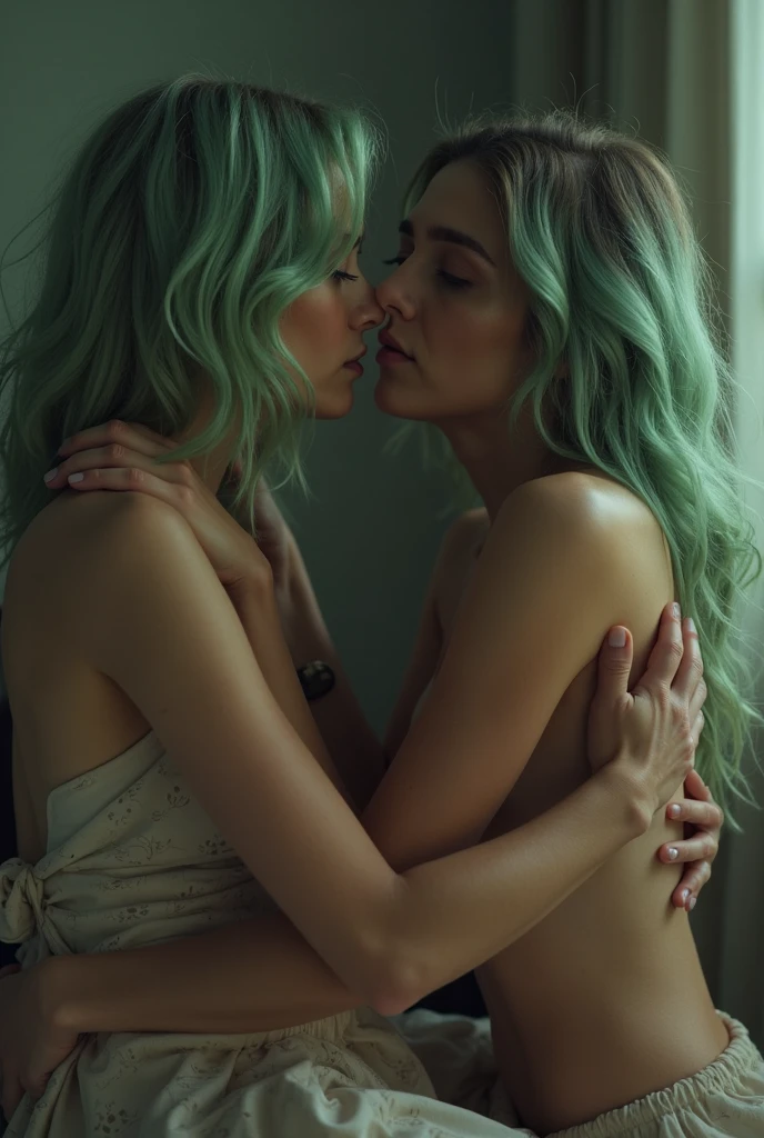 Two girls with neon white hair, con piercings, in lingerie, kissing each other