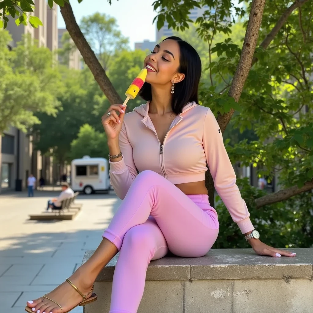 <lora:legg3ng-09:1> legg3ng, legg3ngcamel, 1girl, solo, long hair, breasts, shirt, black hair, navel, holding, cleavage, jewelry, sitting, ponytail, heart, earrings, outdoors, food, solo focus, day, midriff, dark skin, spread legs, necklace, dark-skinned female, tree, pink legg3ng, crop top, fruit, bottomless, chair, eating, bottle, ground vehicle, motor vehicle, alcohol, hoop earrings, realistic, drink, basket, drinking, car, bench, motorcycle, street, bicycle, photo background, bicycle basket