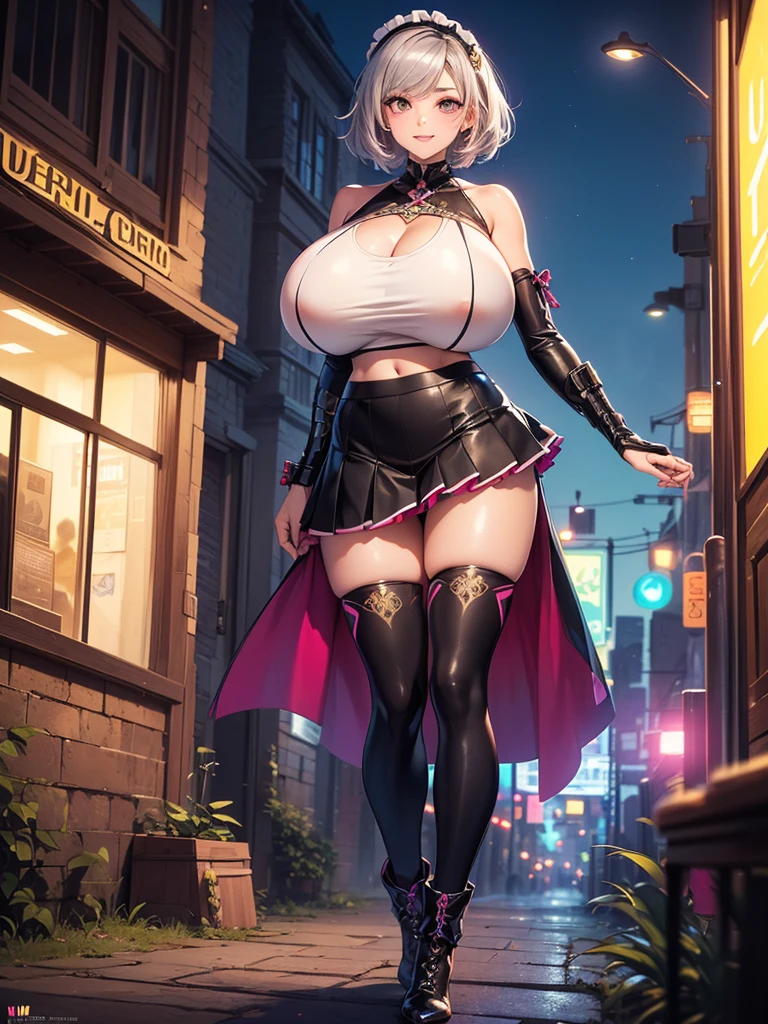 (((best quality))), (((high resolution))), (((masterpiece))), ((ultra-detailed)), (illustration), ((an extremely delicate and beautiful)), ((super detail)), (((20 years old))), ((adult)), (((tall))), gleaming skin, shiny body, breast focus, (((((ultra-huge breasts))))), sadistic smile, ((big round eyes)), cute eyes, drooping eyes, two hands, five fingers, no extra hands, two legs, slender legs, ((biopunk)), ((metallic cloth)), (android), gynoid, delicate metal decorations, (medium length hair), (hair shorter than shoulder), braid, pony tail, (see-through), ((midriff-baring outfit)), (shining brightly), daytime, city, (dark pink blond), (cheerleader), (metallic dark violet), (metallic latex), camel toe, pussy juice, ((bare legs)), (cybernetics), ((corrupted)), (topless),
