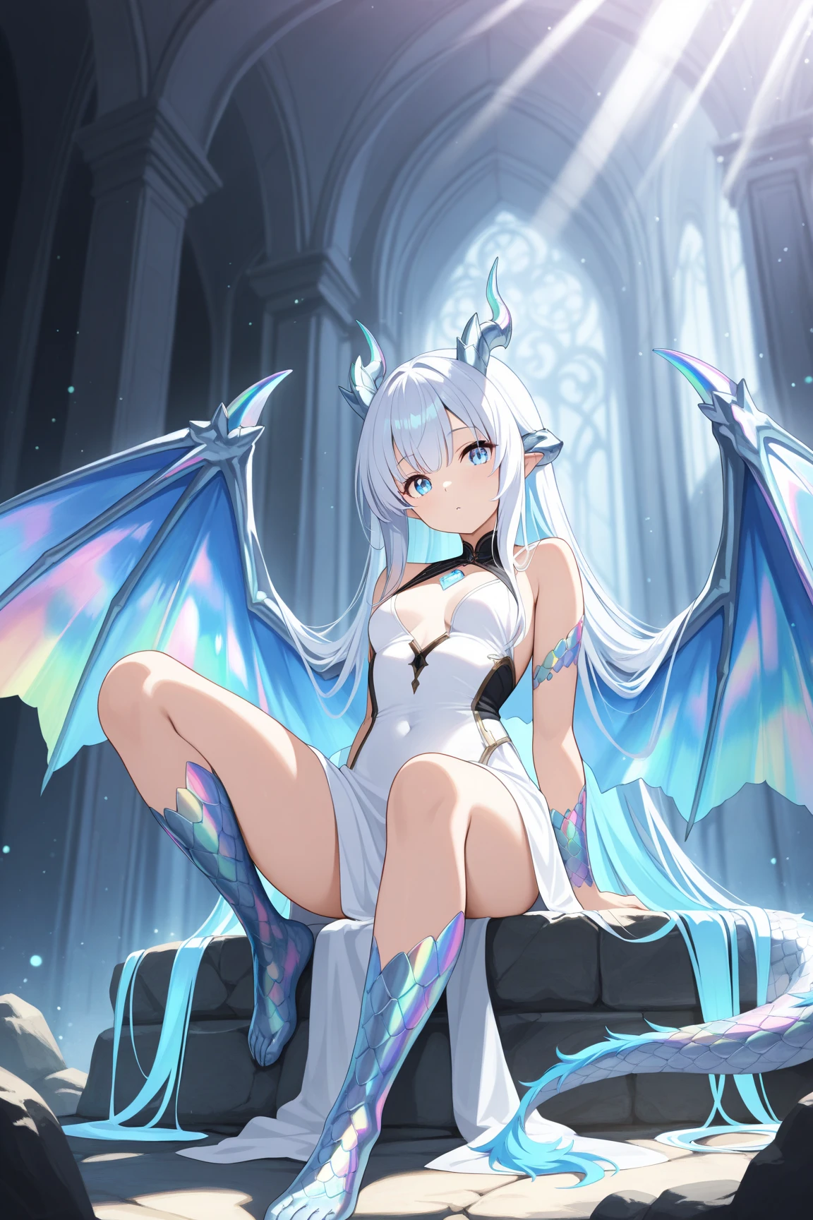 <lora:made_of_ice:0.7> <lora:LotusPosition:0.8> made_of_ice, LotusPosition, Lotus position, 1girl, Dragon Girl, white Hair, light blue eyes, ice dragon horns, pointy ears,