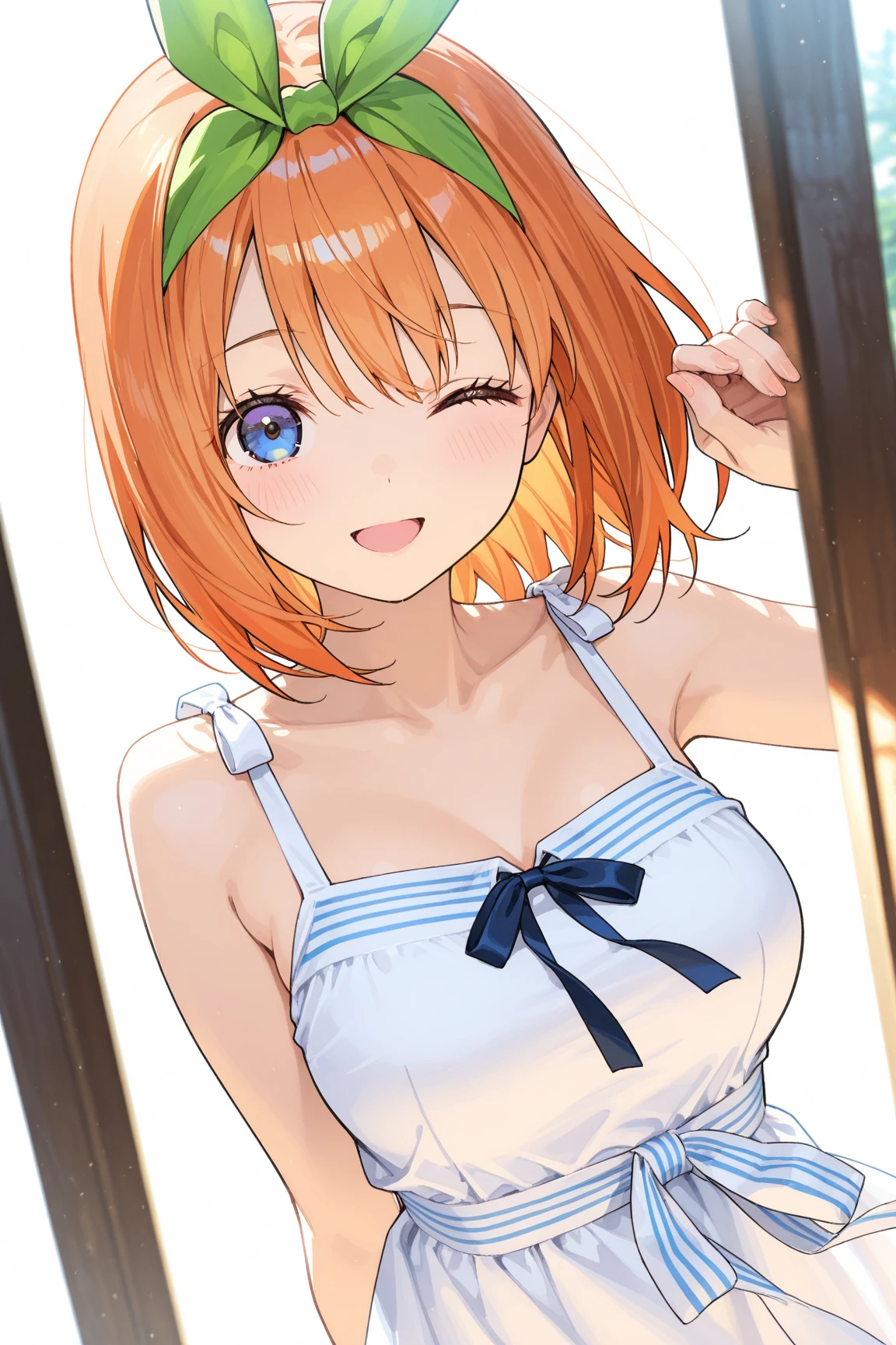 (masterpiece), (best quality), 1girl, medium breasts, id_honoka_kosaka, bikini, looking at viewer, armpit, white background