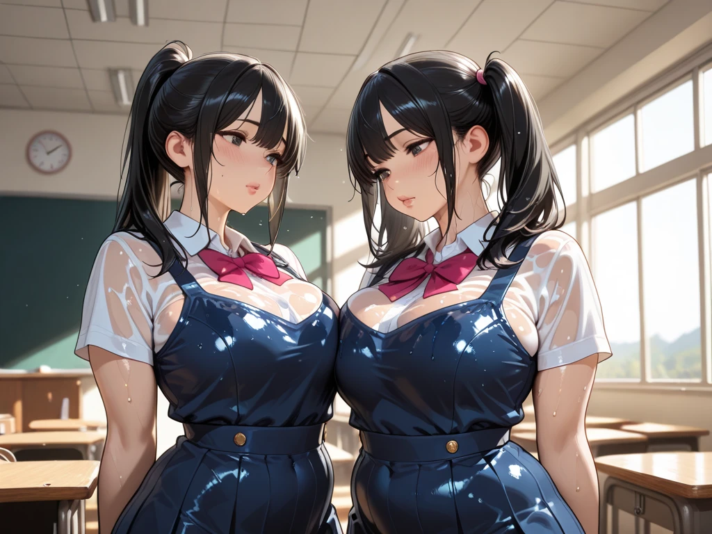 （8K ，Hyper-detailing，Ultra photo realsisim，Best Masterpiece，naturey，Perfect artwork，Perfect female body），Two cute busty girls ，（large tities），Walk into the classroom，The neighbor's wife，black suspenders stockings，Large cleavage，，Stretch meat，Raised sexy，The kinky is exposed ，tit，full body shot of