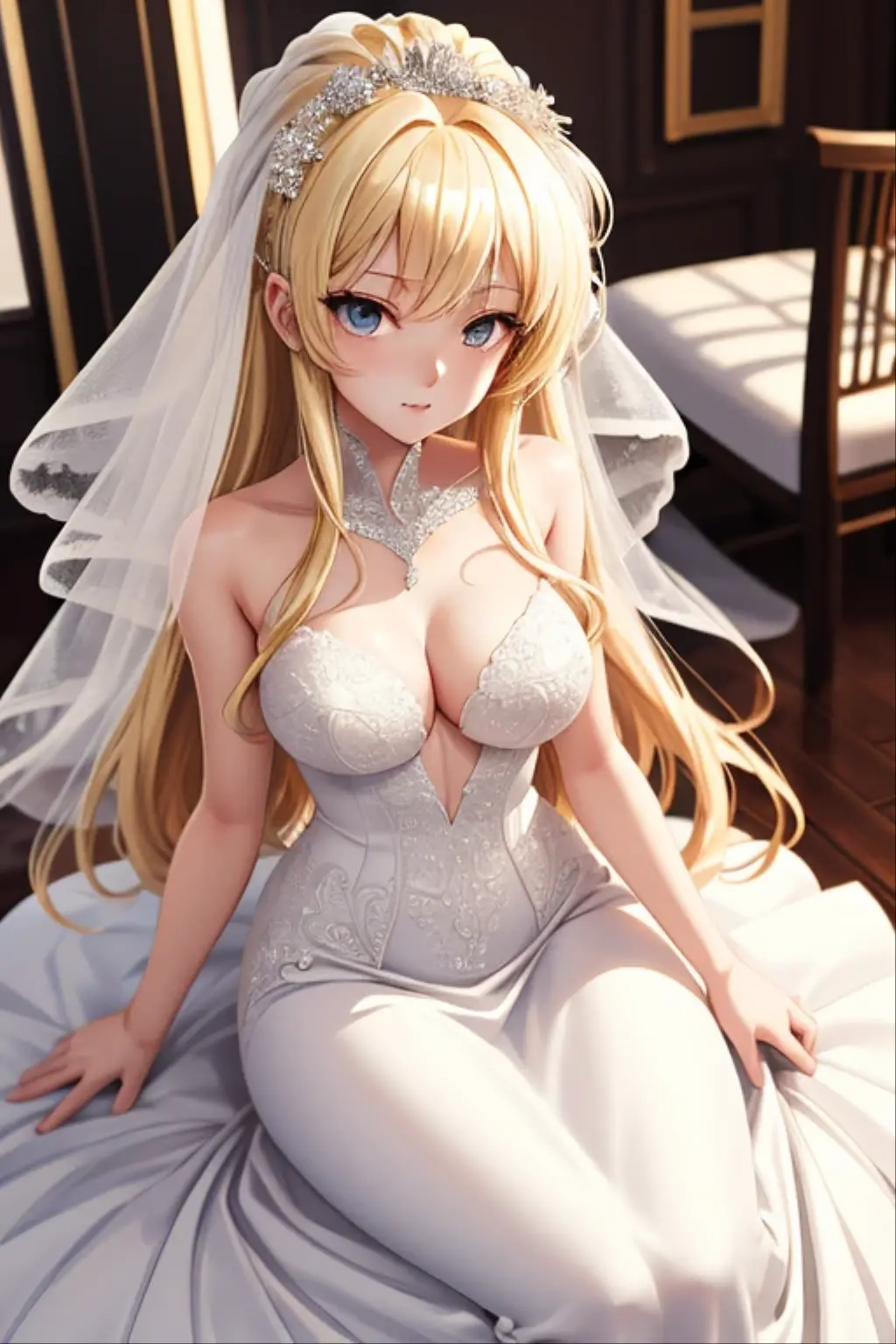 (1 chica), enorme teta, （Lactancia）（enorme breasts）（enorme）Pechos, Conque, Hidrata la piel, piel sudorosa, rubia ondulada, usando un vestido de novia blanco