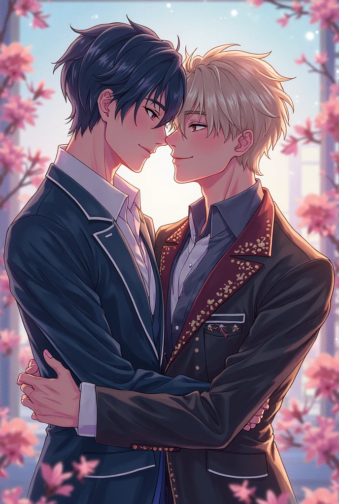 absurdres, highres, ultra detailed, HDR, master piece, best quality, Ash Lynx, blonde hair, closed eyes, banana fish, Okumura Eiji, black hair, closed eyes, two sexy men kissing, yaoi, gay couple, handsome, brown coat, white sweater, black coat, fantasy, shining, pink flowers, pink blossoms, pink butterflies, pink petals