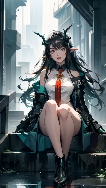 (extremely detailed CG, best quality:1.1), 1girl, perfect face, bright pupils, (finely detailed beautiful eyes:1.1), red eyes, shiny skin, lustrous skin, wide hips, narrow waist, multicolored hair, horns, dragon horns, pointy ears, jewelry, earrings, necktie, colored skin, green skin, (green hands:1.3), white dress, sleeveless dress, off shoulder, (tail:1.1), jacket, bead bracelet, black boots, rain, cloudy sky, outdoors, floating hair, city, ruins, destruction, twilight, sunset, full body, depth of field, sitting, on stairs, <lora:Dusk:0.7>