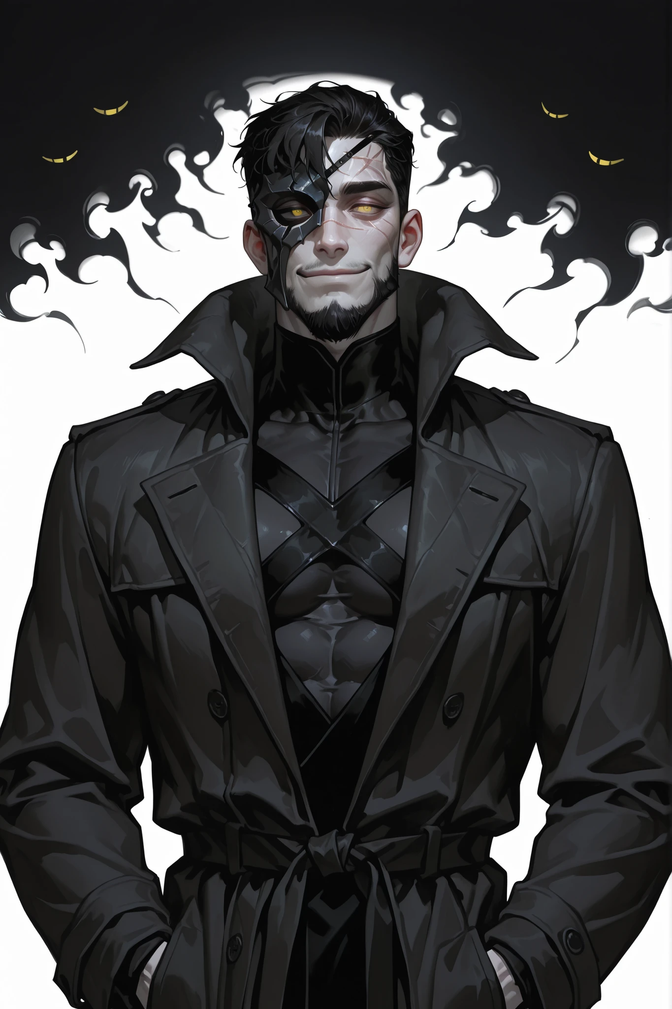 solo, 1boy, mature male, pale skin, black hair, short haircut with shaved temples, yellow eyes, muscular body, calm, thoughtful, a scar on his face, black half mask, scar on face, short beard, sly smile, long dark coat with a high collar, form-fitting black outfit under coat, ominous vibe, eerie atmosphere, calm pose, athletic, hands in pockets, pose and expression suggest a sense of power or control, BREAK white background, portrait, upper body focus