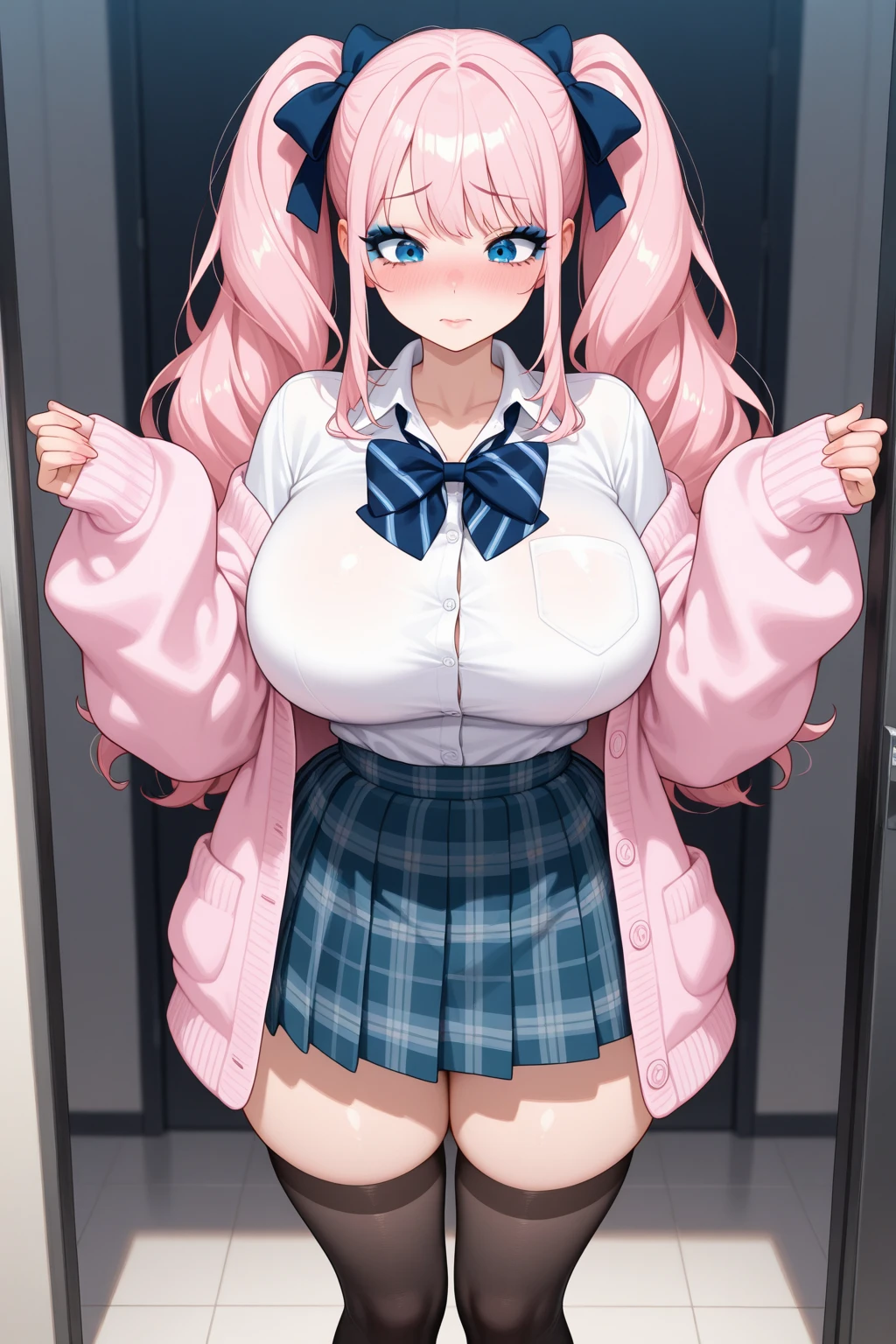 ((masterpiece、Highest quality、Super detailed)、((One girl))、((Pink Hair))、((Twin tails))、((Light blue eyes))、evil smile、((Grin))、((lots of piercings))、((Very large breasts))、((White collared shirt))、A bow tie、((pink cardigan))、((gray microminiskirt))、thighhighs、((skirt lift))、((cum pussy))、Looking down、Shoot from below、Gym storeroom