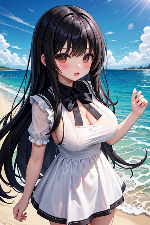 high quality, masterpiece, Super detailed, 1 girl, Extremely detailed faces, Christmas white lace latex bikini,white gloves,Maid tiara,BDSM,handcuffs,collar,calm expression,Smile,handcuffs,collar,long black hair, charming pink eyes, fox ears, Ridiculously big, shiny skin, Sitting on a sea of flowers,Bright sea of flowers,grassland,seaside