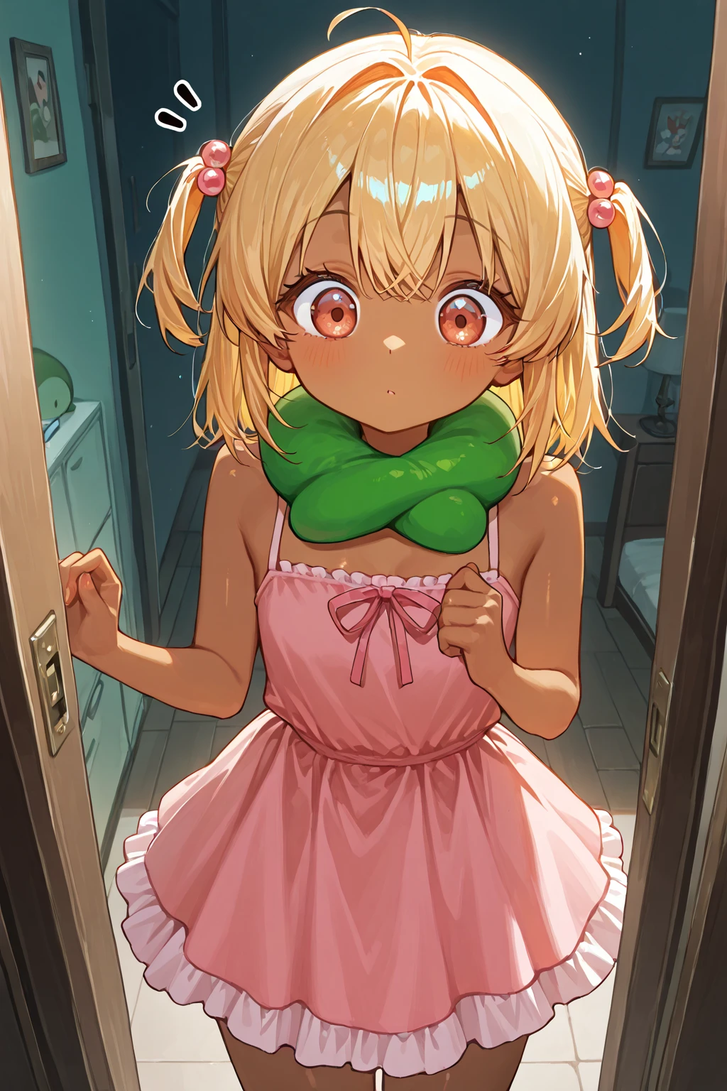 1 girl is taking to lavatory, looking away, standing, Green eyes, embarrassed, blush, Keep one's mouth shut, street (girl is peeing self:0.4)