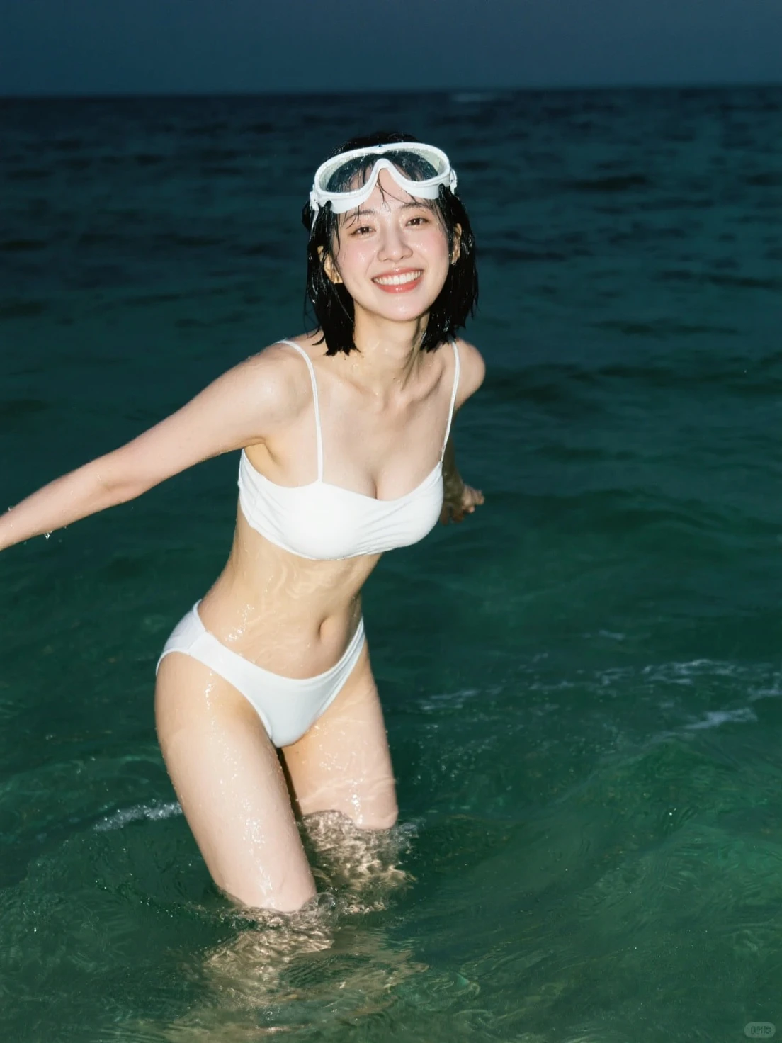 In the water with high visibility, a young woman wears a bikini and swims again