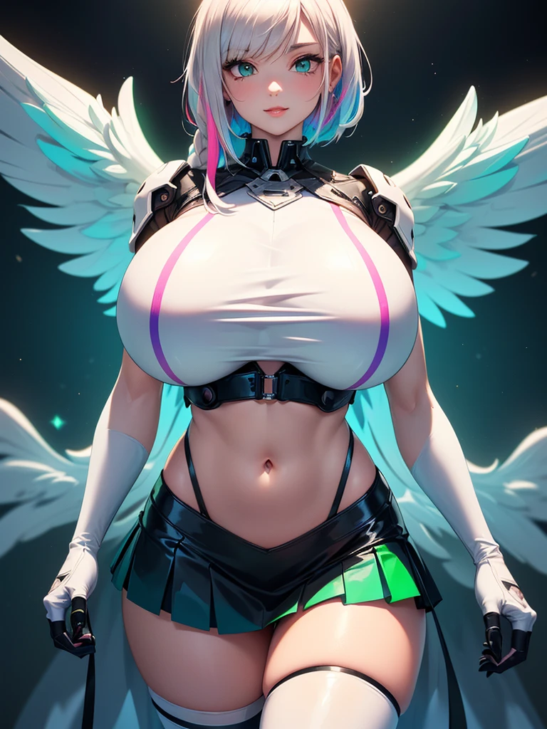 The most beautiful and sexy futuristic cyberpunk girl, purple hair, blue eyes, wearing highly detailed futuristic battle armor, cybernetic angel wings, glowing neon halo, huge gigantic nude tits and nipples exposed, cleavage showing, tons of tattoos and piercings, futuristic graffiti style background, magazine cover, highly detailed background, perfect masterpiece, high quality, high resolution