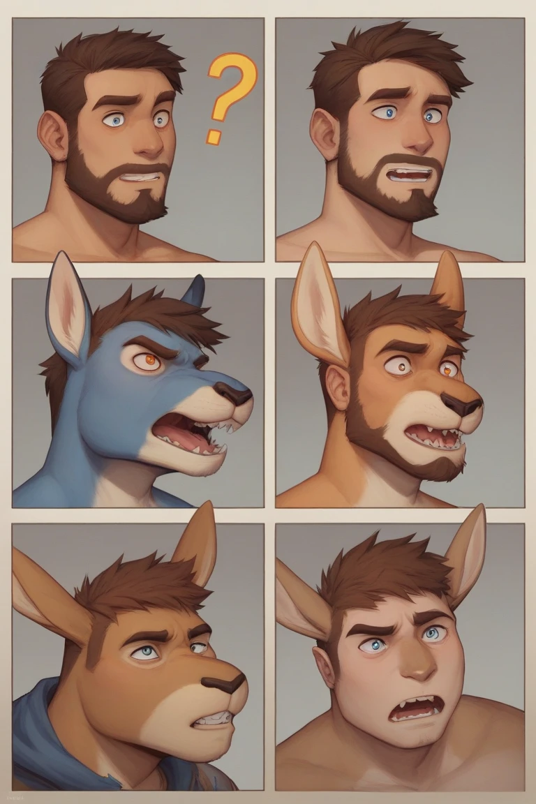 Male, hyena, furry, canine, shirtless, ripped clothing, hyena transformation, human, bright glowing eyes, confused expression, canine penis, sheath, sharp teeth, detailed mouth, hypnosis, hypnotic eyes, bright glowing eyes, transformation sequence, transformation series