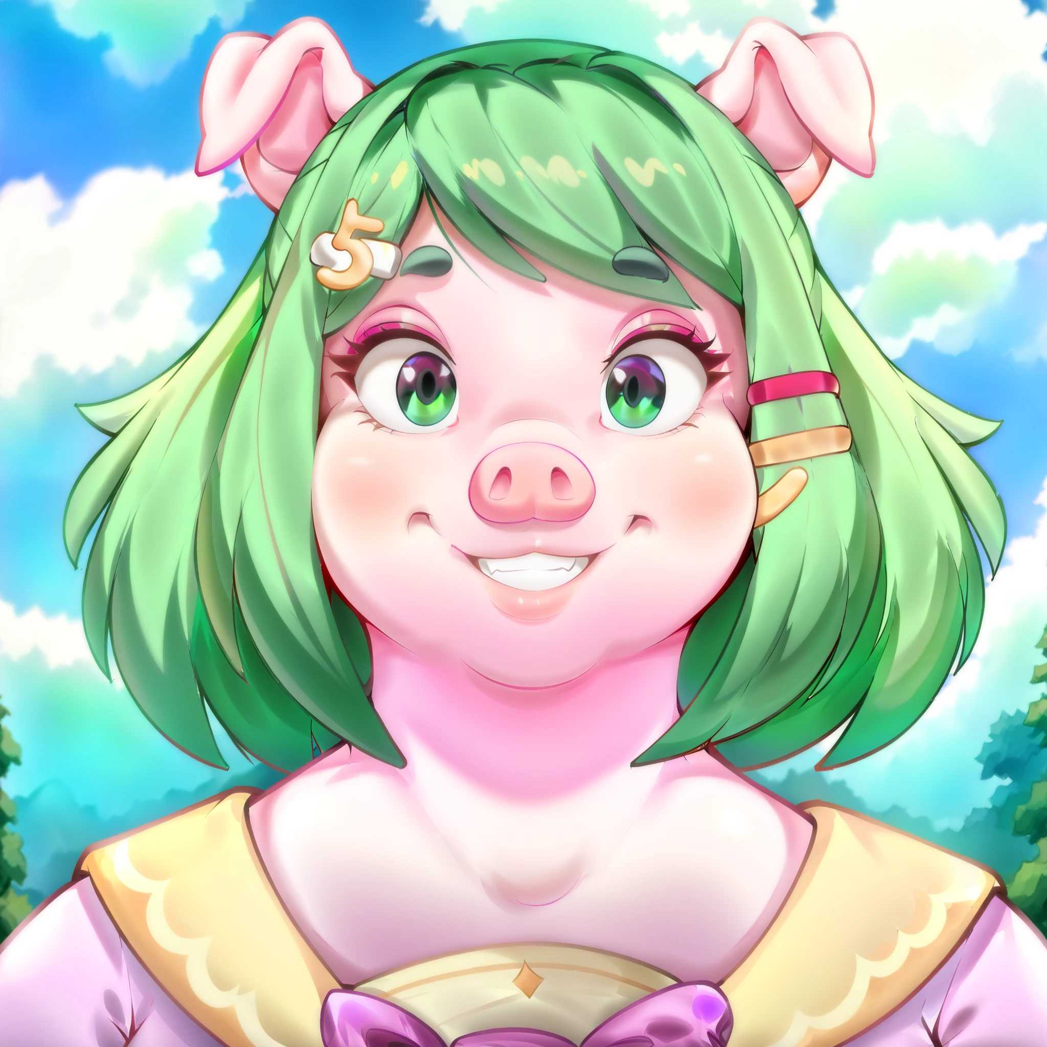 Masterpiece, best quality, high resolution, headshot, close-up, portrait, 1girl, best quality, ultra-detailed, (masterpiece, best quality:1.3), 1female, adult, anime, mature female, smile, age 30-40, curvy, milf, mother, `pig`, `high school pig girl`, solo, short green hair, green eyes, purple bow headdress, hair clips, purple and yellow sailor collar, dorky hair, `pinkish skin`, `cute pig ears`, chubby cheeks, Bow hair, Purple Bow, looking at viewer furry