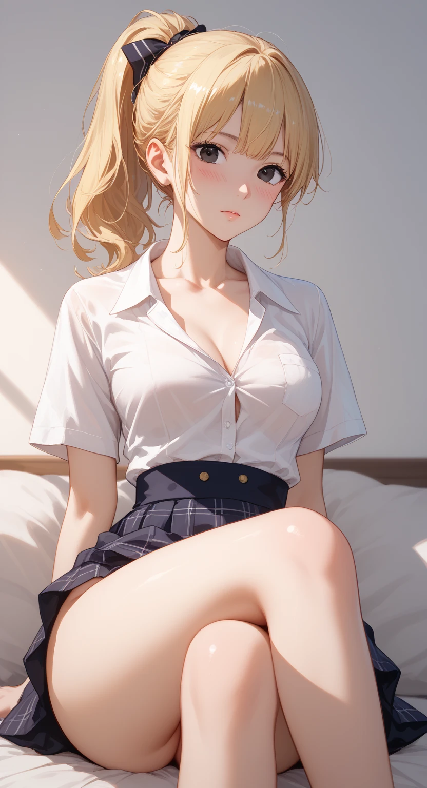 ((medium  breasts、15 year old girl、Small head))、((15))sunrays、sunrays、(perfect body:1.1)、(young、、、、、、、、、、、、、、、、、、、)、(short wavy hair:1.2)、blond hair、、、、、、、、、、、、、、、、、、A full body shot、(girl wearing school uniform:1.4、Pleated Skirt、button up shirt)、((Student uniforms))、((((black stockings))))、((knee highs))、(extremely detailed CG 8k wallpaper)、(Extremely Delicate and Beautiful)、(MASTERPIECE)、(maximum quality:1.0)、(Super High Resolution:1.0)、Beautiful Lighting、perfect lightning、realistic shadows、 [HI-RES]、Skin details、Super Detailed、(spread leg))、(With legs up)、slim body)Stooping、large earring、thights、(Beautiful long hair)、、fine collarbone、soft navel、Soft midriff、Soft back、angle from above、Sweaty、Beautiful Breasts、huge tit、Blush、photorealistic、realistic faces、Realistic Eyes、small eyes、Grinning(colourful)))(Breast cleavage)))、(freckle)、(eye liner)、(mascara)、((thick white liquid on the body))、((Very sweaty)) ((Body wet)) ((wet thighs))、 ((spread thighs))、(((thick white liquid dripping from the body)))、((hands on thighs))
